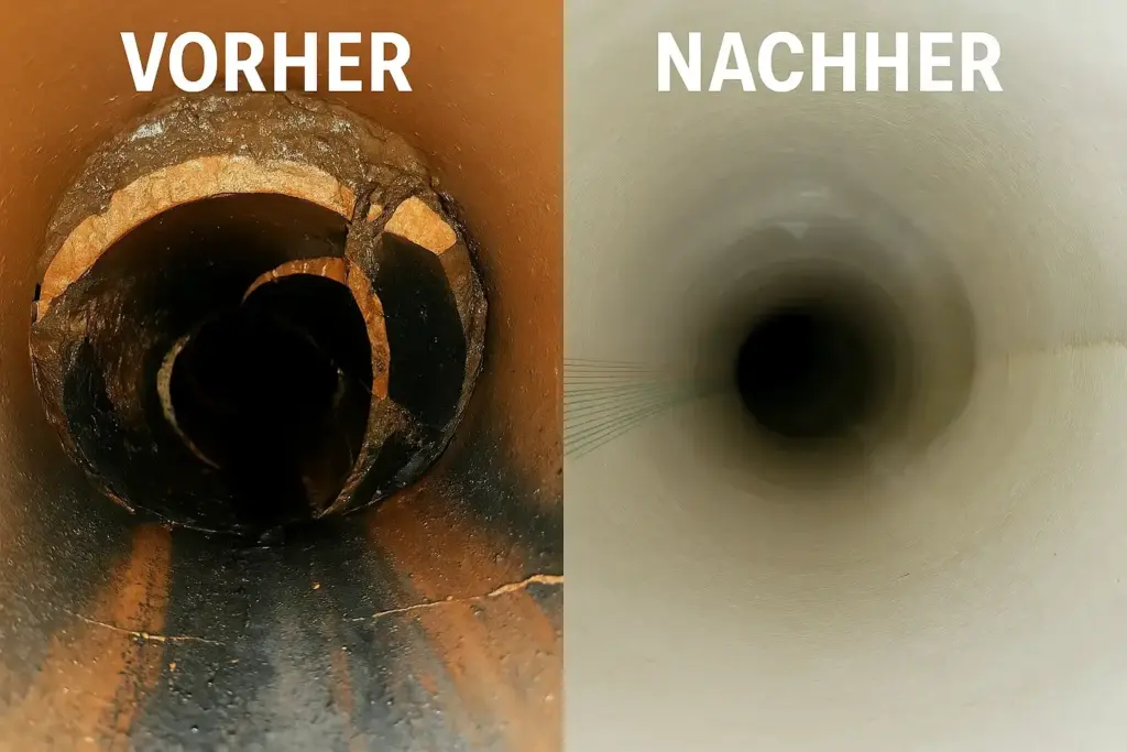 Vorher-Nachher Vergleich einer Kanalsanierung in Pforzheim an einer Abwasserleitung